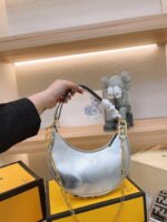 FENDI Patent leather half moon bag Sliver and gold with chain strap Size: 34*16cm - Image 4